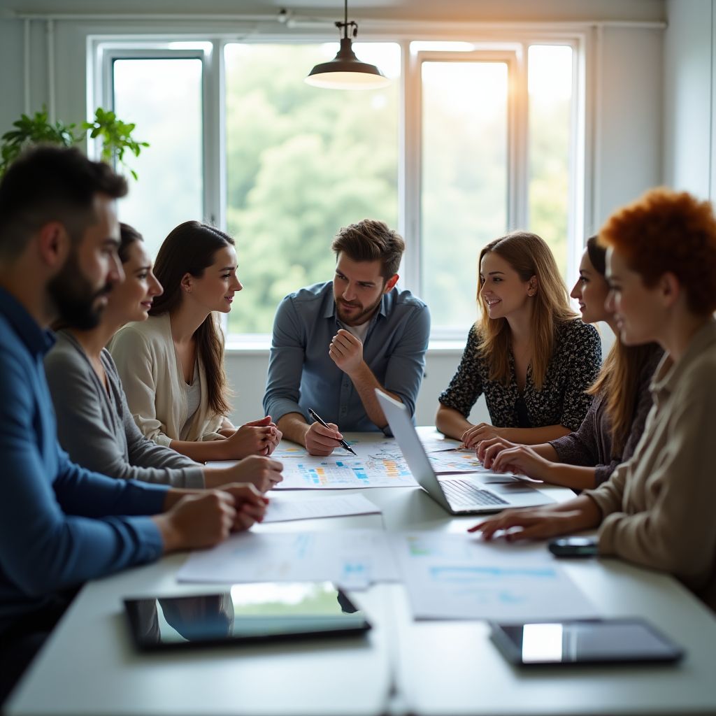 Un grupo de personas colaborando en una oficina moderna y luminosa